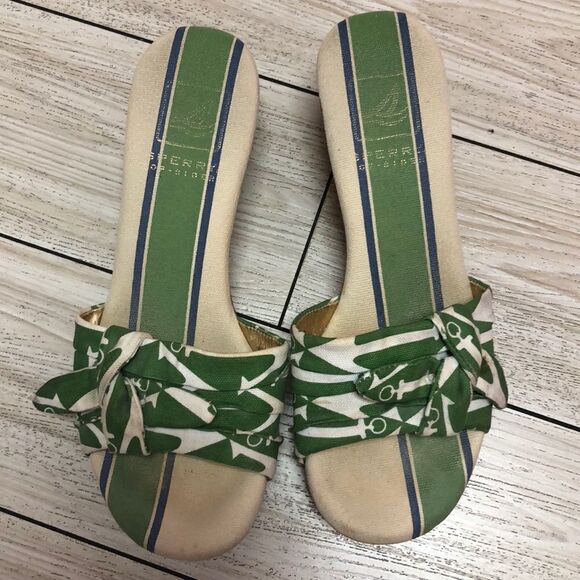 Sperry Green striped anchor cork wedge shoes 7.5 - Picture 1 of 8